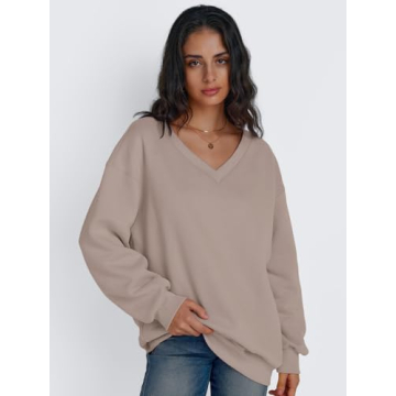 Trendy Queen Womens Oversized Sweatshirts Hoodies Fall Fashion 2024 Outfits Winter Clothes Sweaters Preppy V Neck Teen Girls CoffeeGrey M