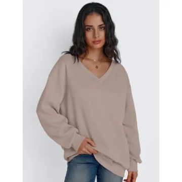 Trendy Queen Womens Oversized Sweatshirts Hoodies Fall Fashion 2024 Outfits Winter Clothes Sweaters Preppy V Neck Teen Girls CoffeeGrey M