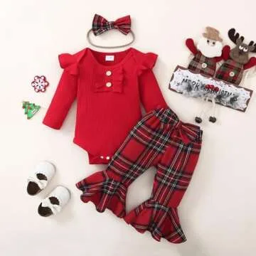 Kuriozud Newborn Baby Girl Christmas Outfit Ribbed Ruffle Long Sleeve Romper Plaid Flare Pants Set T...