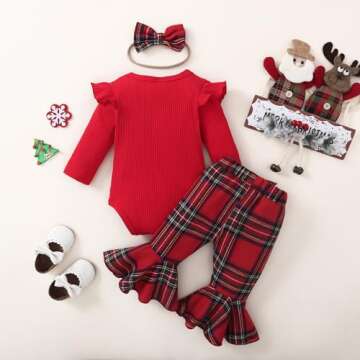 Kuriozud Newborn Baby Girl Christmas Outfit Ribbed Ruffle Long Sleeve Romper Plaid Flare Pants Set Toddler Fall Winter Clothes (Plaid Red, 6-12 Months)