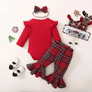 Kuriozud Newborn Baby Girl Christmas Outfit Ribbed Ruffle Long Sleeve Romper Plaid Flare Pants Set Toddler Fall Winter Clothes (Plaid Red, 6-12 Months)