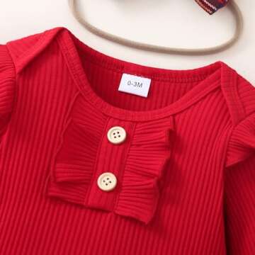 Kuriozud Newborn Baby Girl Christmas Outfit Ribbed Ruffle Long Sleeve Romper Plaid Flare Pants Set Toddler Fall Winter Clothes (Plaid Red, 6-12 Months)