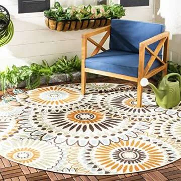 SAFAVIEH Veranda Collection 6'7" Round Floral Rug for Indoor & Outdoor Use - Easy Cleaning Solution