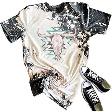 Retro Steer Skull Shirt for Women - Vintage Country Music Tee with Cowboy Graphic - Casual Short Sle...