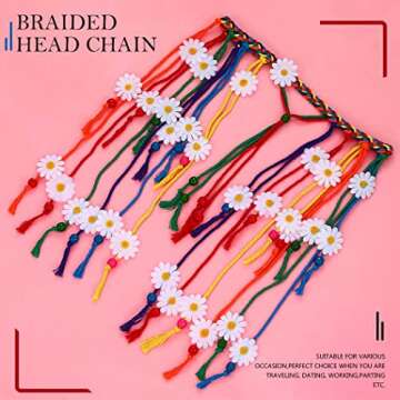 GENBREE Boho Daisy Headband Rainbow Braided Headpiece Summer Beach Tassel Hairband Floral Hippie Hai...