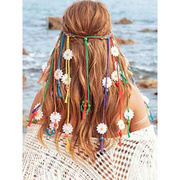 GENBREE Boho Daisy Headband Rainbow Braided Headpiece Summer Beach Tassel Hairband Floral Hippie Hair Accessories for Women and Girls (Multi-colored)