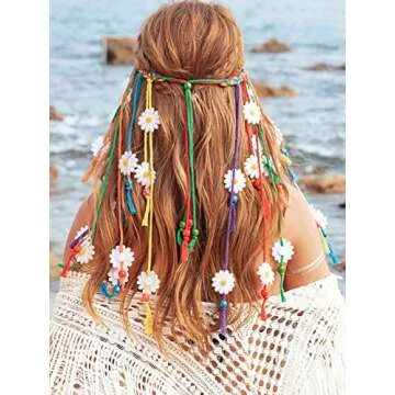 GENBREE Boho Daisy Headband Rainbow Braided Headpiece Summer Beach Tassel Hairband Floral Hippie Hair Accessories for Women and Girls (Multi-colored)