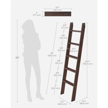 VASAGLE Blanket Ladder Decorative Farmhouse for The Living Room, 5-Tier Ladder Shelf, Ladder Rack for Storage and Decor, Maroon Brown ULLS018T51