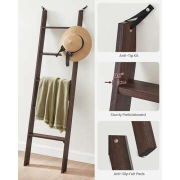 VASAGLE Blanket Ladder Decorative Farmhouse for The Living Room, 5-Tier Ladder Shelf, Ladder Rack for Storage and Decor, Maroon Brown ULLS018T51