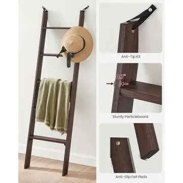 VASAGLE Blanket Ladder Decorative Farmhouse for The Living Room, 5-Tier Ladder Shelf, Ladder Rack for Storage and Decor, Maroon Brown ULLS018T51