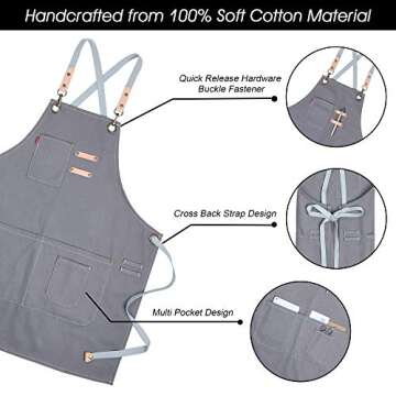 COOLYOUTH Cotton Apron for Men Women, Chef BBQ Grill Work Shop Aprons with Adjustable Strap, Valentines Day Gifts for Him and Her (Grey)