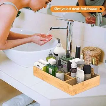 Bamboo Drawer Organizer Utensil Holder for Kitchen, Small Wood Silverware Storage Organizer, Stackable Box Tray for Cutlery, Flatware, Bathroom Caddy for Makeup, Perfume, Jewelry, 6x3x2.5 Inch