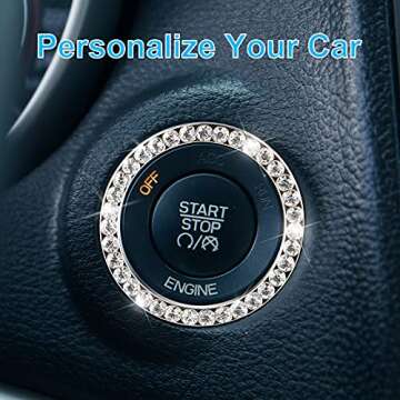 2 Pack Bling Car Decor Crystal Rhinestone Ring Emblem Sticker, Bling Car Accessories for Women, Car Interior Decoration, Push to Start Button, Key Ignition Starter & Knob Ring(Silver) …