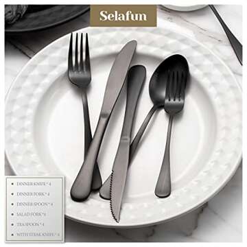 Selafun 24 Piece Matte Black Flatware Set.Stainless Steel Matte Black Silverware Set Titanium Plating Tableware Cutlery Set. Utensil Set for Kitchens. Dishwasher Safe(Service for 4)