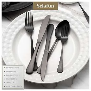 Selafun 24 Piece Matte Black Flatware Set.Stainless Steel Matte Black Silverware Set Titanium Plating Tableware Cutlery Set. Utensil Set for Kitchens. Dishwasher Safe(Service for 4)