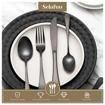 Selafun 24 Piece Matte Black Flatware Set.Stainless Steel Matte Black Silverware Set Titanium Plating Tableware Cutlery Set. Utensil Set for Kitchens. Dishwasher Safe(Service for 4)