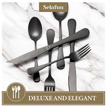 Selafun 24 Piece Matte Black Flatware Set.Stainless Steel Matte Black Silverware Set Titanium Plating Tableware Cutlery Set. Utensil Set for Kitchens. Dishwasher Safe(Service for 4)