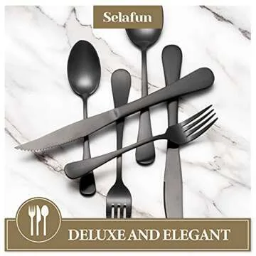 Selafun 24 Piece Matte Black Flatware Set.Stainless Steel Matte Black Silverware Set Titanium Plating Tableware Cutlery Set. Utensil Set for Kitchens. Dishwasher Safe(Service for 4)