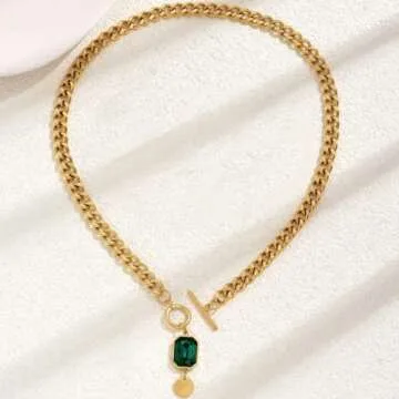 Dabovos 18K Gold Plated Chunky Toggle Necklaces for Women Dainty Cuban Choker Necklaces Cubic Zirconia Pendant Toggle Necklaces Trendy Herringbone Snake Chain Necklace Jewelry Gifts
