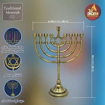 Ner Mitzvah Traditional Bronze Candle Menorah Chanukah Candles - Hanukkah Menorah Traditional Rounded Branches - Hanukkah Menorah 9" High