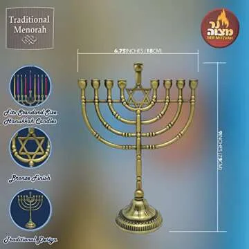 Ner Mitzvah Traditional Bronze Candle Menorah Chanukah Candles - Hanukkah Menorah Traditional Rounded Branches - Hanukkah Menorah 9" High