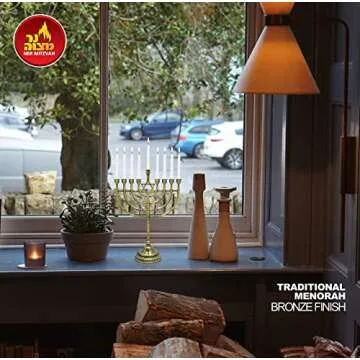 Ner Mitzvah Traditional Bronze Candle Menorah Chanukah Candles - Hanukkah Menorah Traditional Rounded Branches - Hanukkah Menorah 9" High