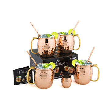 Artisan Copper Mugs Set with Brass Handle and Straws