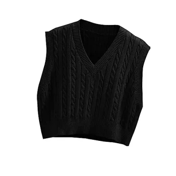 Lailezou Women's V-Neck Knit Sweater Vest - Argyle Plaid Preppy Style