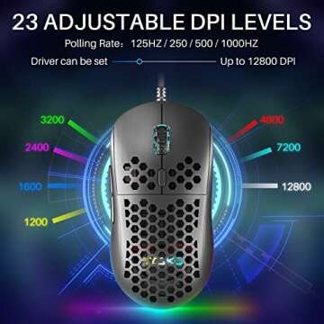 DIERYA M1SE Wired Gaming Mouse with Honeycomb Shell, 12800DPI Optical Sensor, 6 Programmable Macros,...