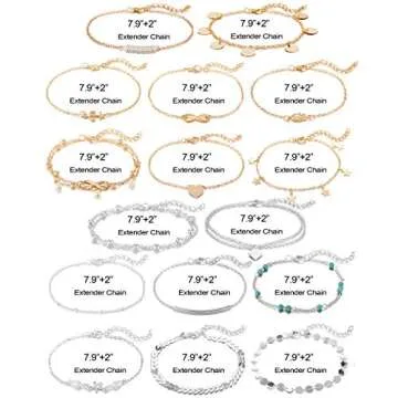Softones 16Pcs Ankle Bracelets for Women Gold Silver Two Style Chain Beach Anklet Bracelet Jewelry Anklet Set,Adjustable Size