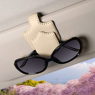 AMVOYOA Sunglass Holder for Car ，Hand Sewn Leather Sunglasses Clips for Car Visor ，Universal Car Magnetic Eyeglass Holder，Ticket Card Clip for Car Visor Accessories（Beige）