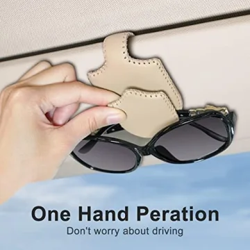 AMVOYOA Sunglass Holder for Car ，Hand Sewn Leather Sunglasses Clips for Car Visor ，Universal Car Magnetic Eyeglass Holder，Ticket Card Clip for Car Visor Accessories（Beige）