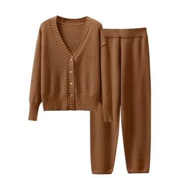 Caracilia Womens 2 Piece Outfits Lounge Set V Neck Cardigan Sweater Pants Sets Knit Matching Loungew...