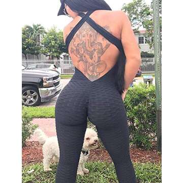 SEASUM Women Texture Bodysuit Sleevesless Sport One-Piece Backless Sexy Slimming Bodycon Rompers Jumpsuit L