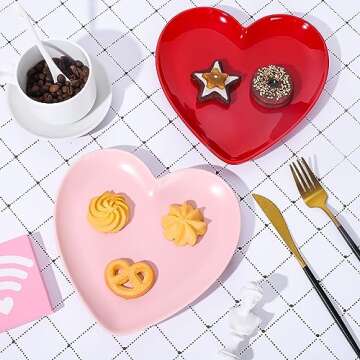 Whaline 2Pcs Heart Shaped Plate Ceramic Dessert Plate Pink Red Salad Dinner Steak Plate for Home Kitchen Xmas Wedding Valentine’s Day Anniversary Birthday Party Decor