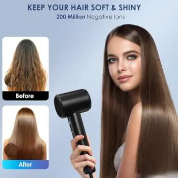 Professional Hair Dryer - 150000 RPM High-Speed Blow Dryer with Negative Ionic Care for Fast Drying. Lightweight, Low Noise Design with 4 Temps/2 Speeds and Magnetic Nozzle (Black)