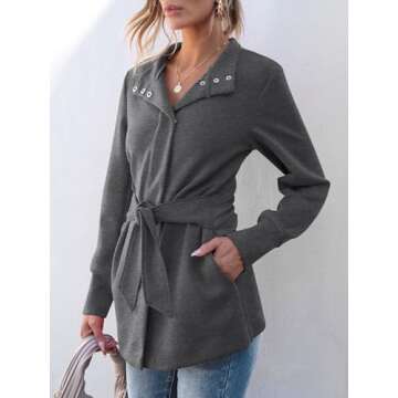 ANRABESS Womens Jacket Belted Casual Long Sleeve Wrap Trench Coat 2024 Winter Trendy Button Up Dressy Outerwear with Pockets Dark Grey Medium