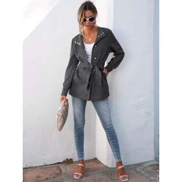 ANRABESS Womens Jacket Belted Casual Long Sleeve Wrap Trench Coat 2024 Winter Trendy Button Up Dressy Outerwear with Pockets Dark Grey Medium