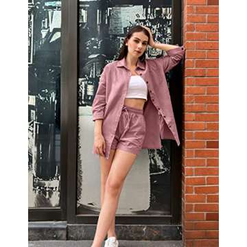 Beyove Women's Cotton Linen Set Casual Tracksuit Button Down 3/4 Sleeve Shirt Drawstring Shorts Pockets 2 Piece Lounge Set