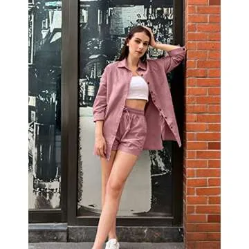 Beyove Women's Cotton Linen Set Casual Tracksuit Button Down 3/4 Sleeve Shirt Drawstring Shorts Pockets 2 Piece Lounge Set