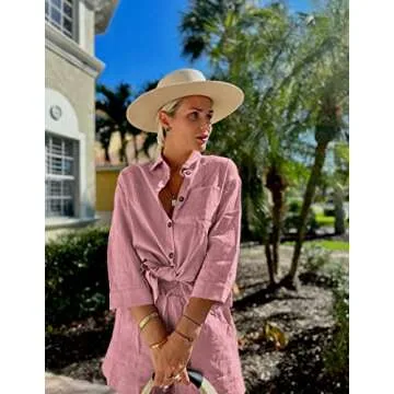 Beyove Women's Cotton Linen Set Casual Tracksuit Button Down 3/4 Sleeve Shirt Drawstring Shorts Pockets 2 Piece Lounge Set