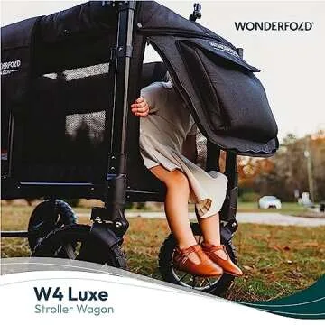 WONDERFOLD W4 Luxe Stroller Wagon (4 Seater) - Collapsible Wagon Stroller with Seats with Magnetic Buckle 5-Point Harnesses & Sun Canopy, Elite Black Camo