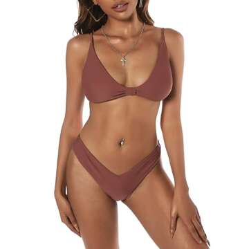 ZAFUL Women's Tie Knot Front Spaghetti Strap High Cut Bikini Set Swimsuit (1-Coffee, M)