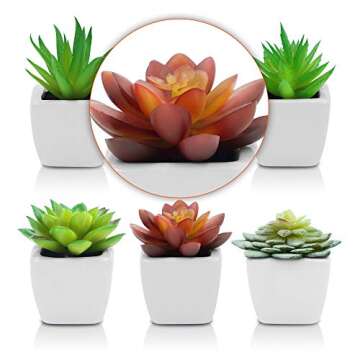 Pack of 6 Mini Fake White Ceramic Potted Succulents - Faux Plants for Home, Office Decor