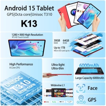 2025 Android 15 Tablet with Keyboard, 10.1 Inch FHD Display, 30GB RAM, 64GB ROM, Octa-Core 2.0GHz, W...