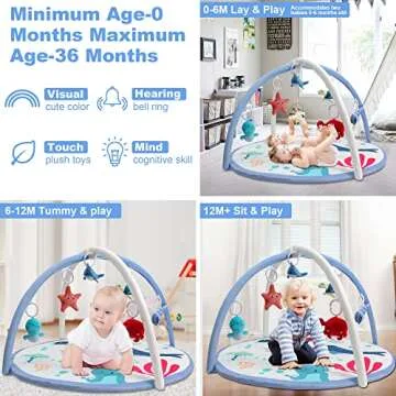Baby Play Gym Mat, Tummy Time Activity Mat with 6 Detachable Toys and Pillow for Newborn Stage-Based...