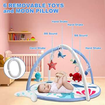 Baby Play Gym Mat, Tummy Time Activity Mat with 6 Detachable Toys and Pillow for Newborn Stage-Based Sensory and Motor Skill Development, Infant Play Mat for Babies to Toddlers