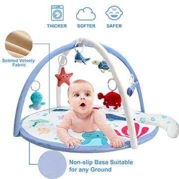 Baby Play Gym Mat, Tummy Time Activity Mat with 6 Detachable Toys and Pillow for Newborn Stage-Based Sensory and Motor Skill Development, Infant Play Mat for Babies to Toddlers