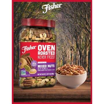 Fisher Oven Roasted Never Fried Mixed Nuts with Peanuts, 24 Ounces (Pack of 1), Peanuts, Almonds, Cashews, Pistachios, Pecans, Snacks for Adults, Made With Sea Salt, No Added Oils, Artificial Ingredients or Preservatives, Trail Mix, Gluten Free ​