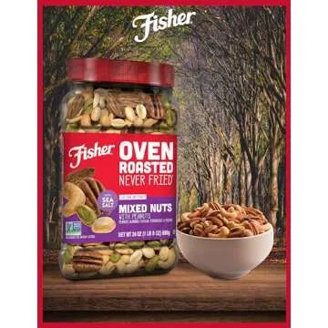 Fisher Oven Roasted Never Fried Mixed Nuts with Peanuts, 24 Ounces (Pack of 1), Peanuts, Almonds, Cashews, Pistachios, Pecans, Snacks for Adults, Made With Sea Salt, No Added Oils, Artificial Ingredients or Preservatives, Trail Mix, Gluten Free ​